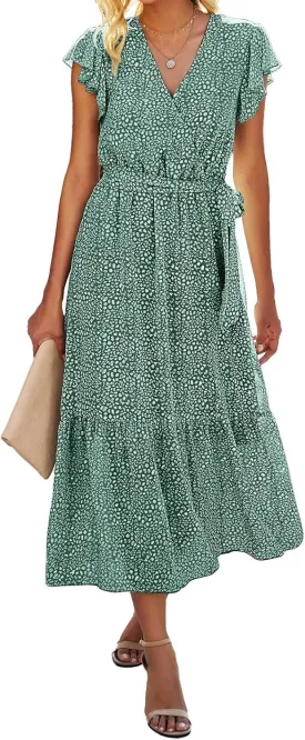 BTFBM Women Summer Bohemian Floral Casual Wrap V Neck Ruffle Cap Sleeveless Belt A-Line Pleated Hem Midi Sun Dress White
