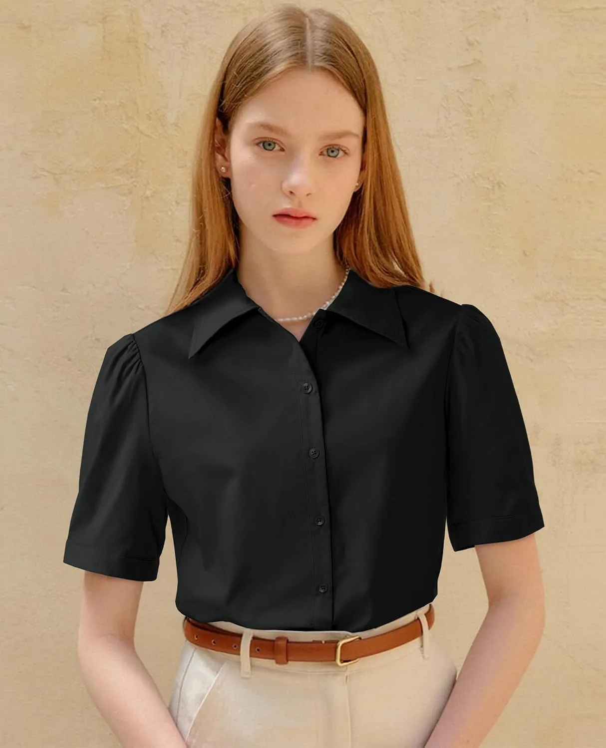 Button Down Shirts for Women Puff Short Sleeve Button Up Dress Shirts Collared Fitted Blouse Work Business Top