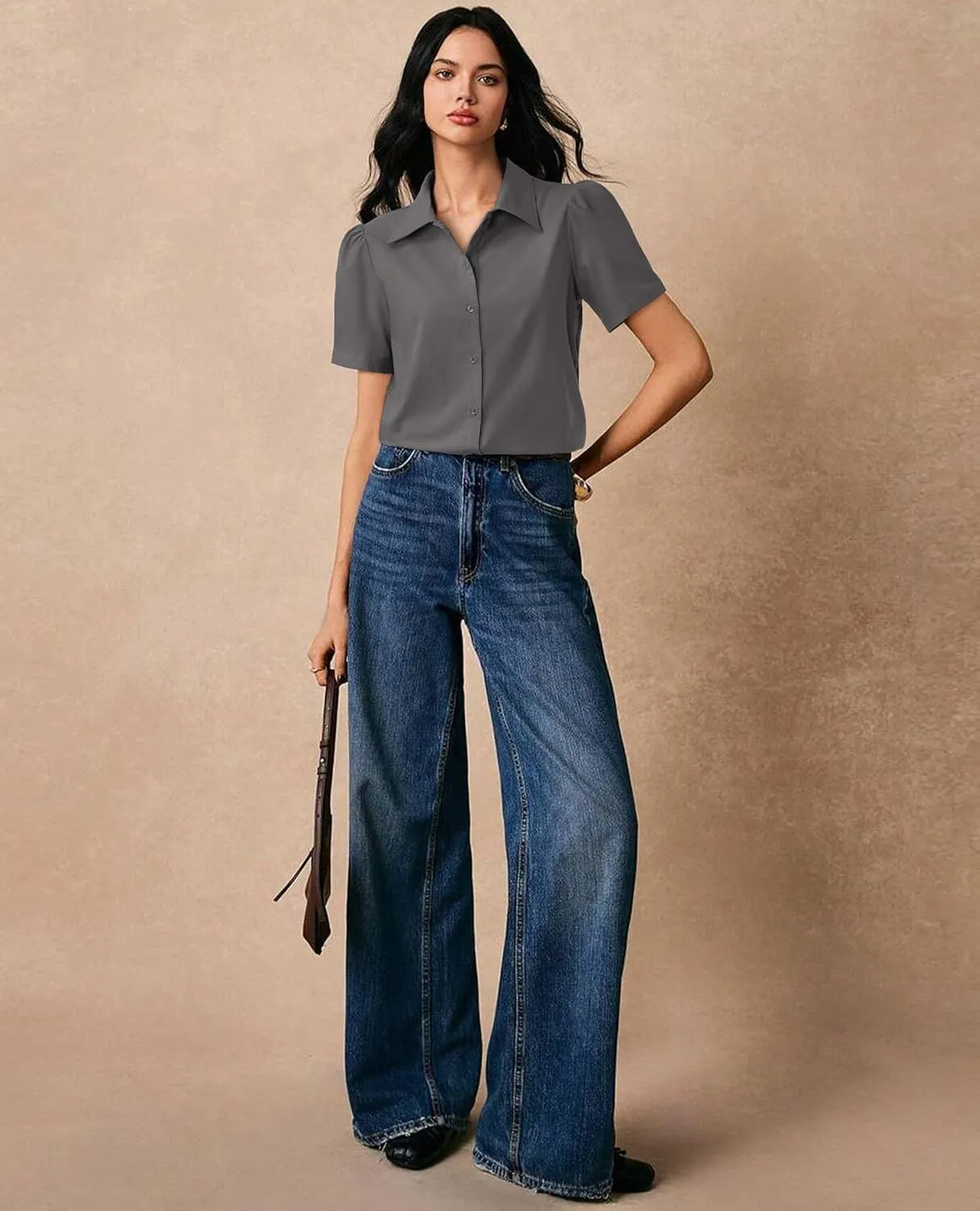 Button Down Shirts for Women Puff Short Sleeve Button Up Dress Shirts Collared Fitted Blouse Work Business Top