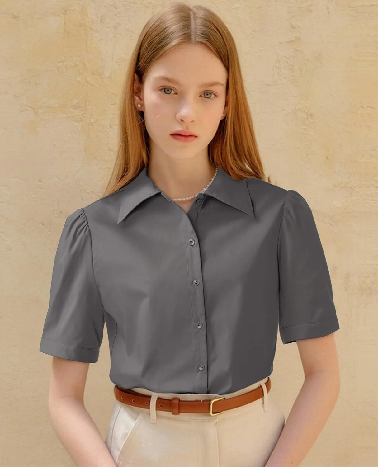 Button Down Shirts for Women Puff Short Sleeve Button Up Dress Shirts Collared Fitted Blouse Work Business Top