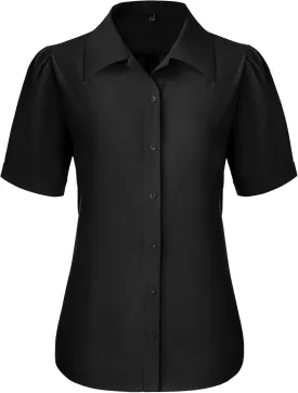 Button Down Shirts for Women Puff Short Sleeve Button Up Dress Shirts Collared Fitted Blouse Work Business Top