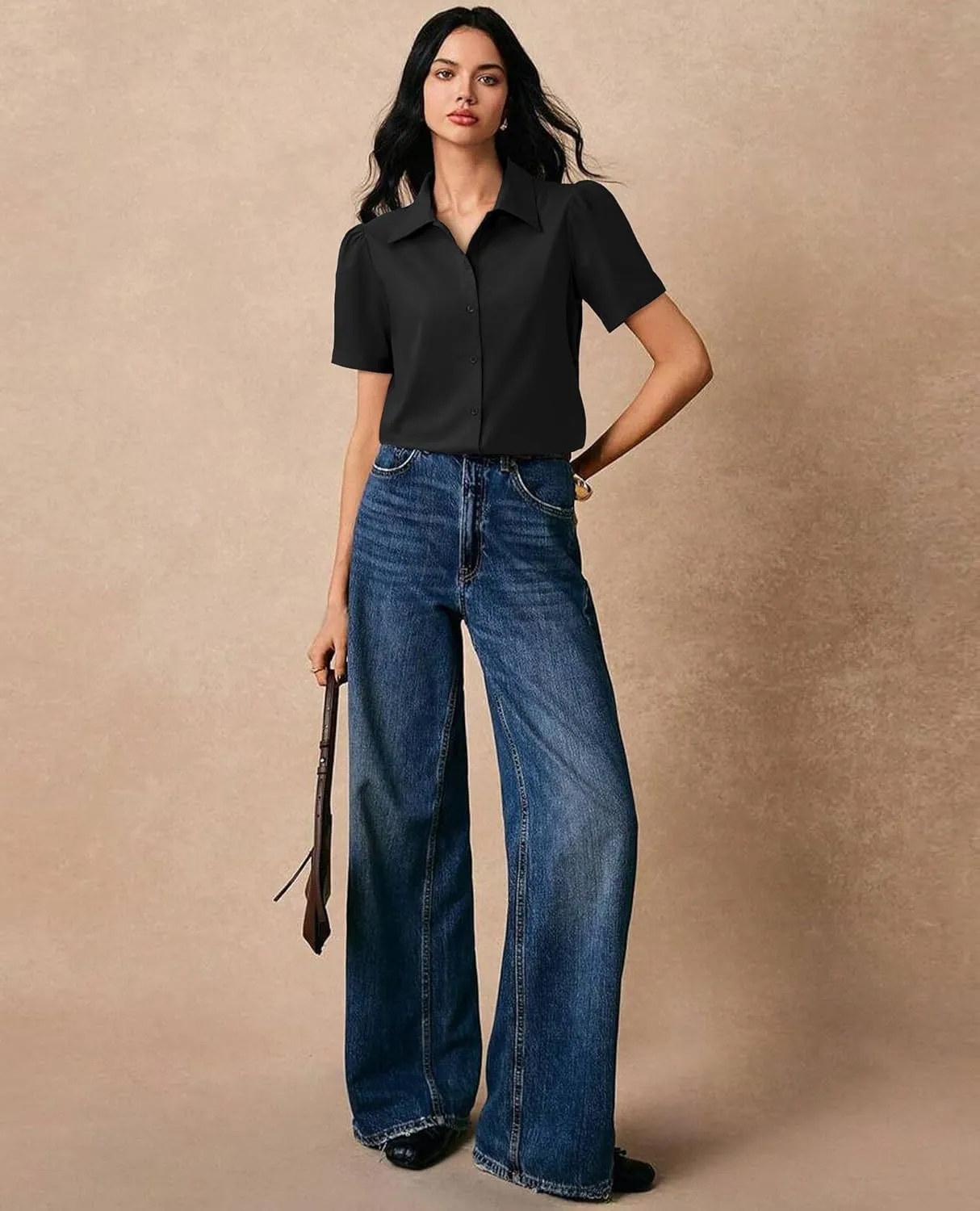 Button Down Shirts for Women Puff Short Sleeve Button Up Dress Shirts Collared Fitted Blouse Work Business Top
