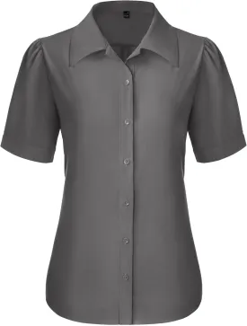 Button Down Shirts for Women Puff Short Sleeve Button Up Dress Shirts Collared Fitted Blouse Work Business Top