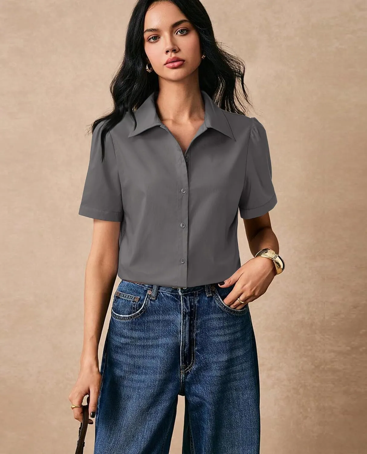 Button Down Shirts for Women Puff Short Sleeve Button Up Dress Shirts Collared Fitted Blouse Work Business Top