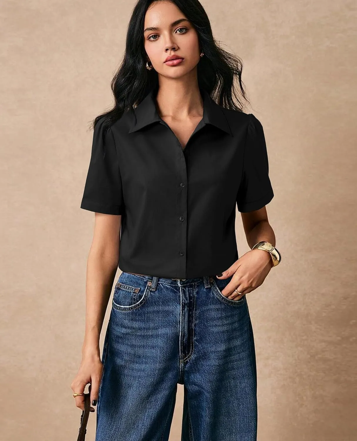 Button Down Shirts for Women Puff Short Sleeve Button Up Dress Shirts Collared Fitted Blouse Work Business Top