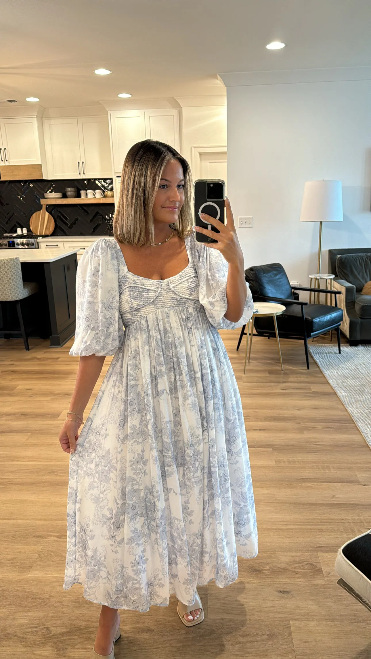 Cara Floral Smocked Bust Midi Dress, Blue Multi