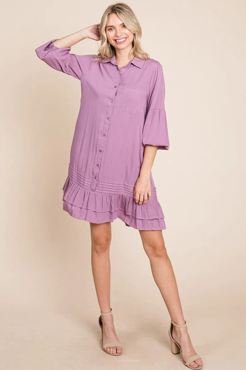 Collared Ruffled Hem Pintucked Shirt Dress