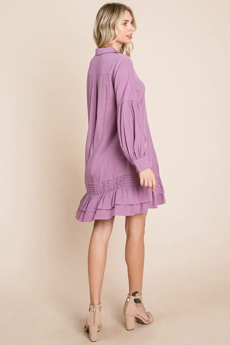 Collared Ruffled Hem Pintucked Shirt Dress