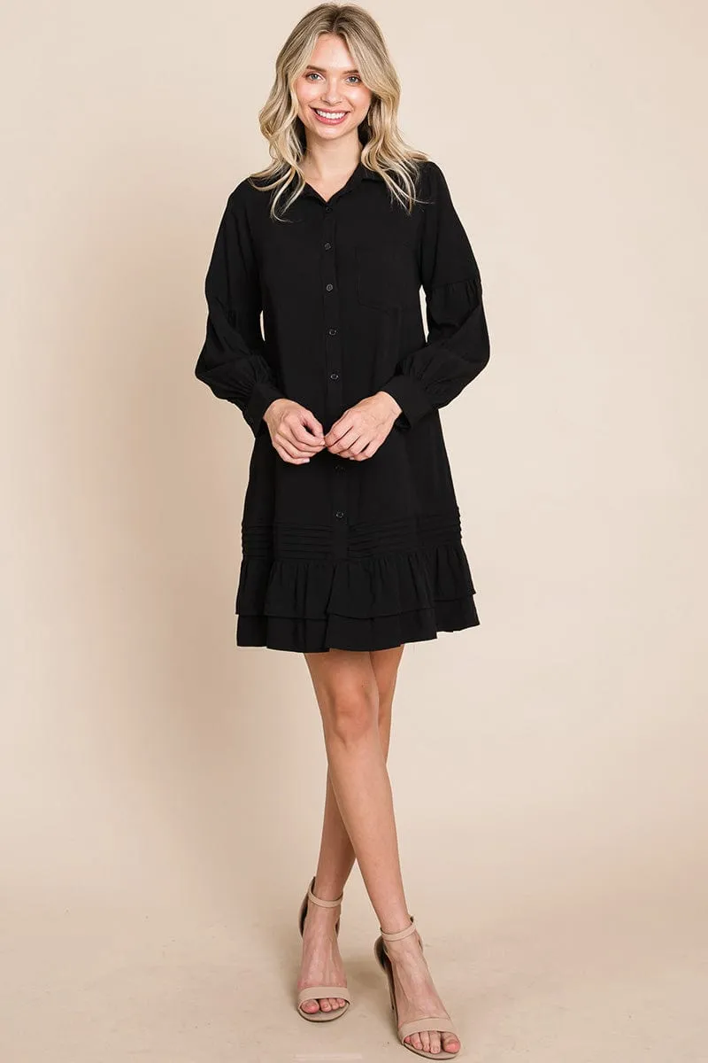 Collared Ruffled Hem Pintucked Shirt Dress