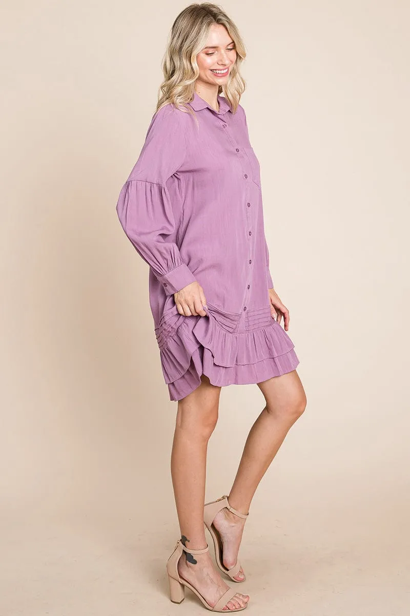 Collared Ruffled Hem Pintucked Shirt Dress