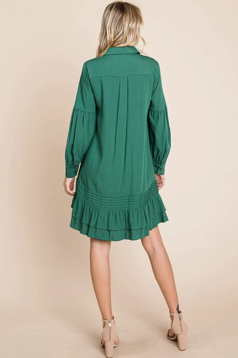 Collared Ruffled Hem Pintucked Shirt Dress