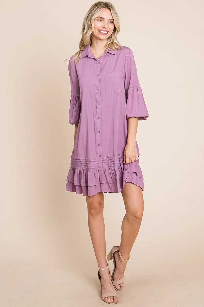 Collared Ruffled Hem Pintucked Shirt Dress