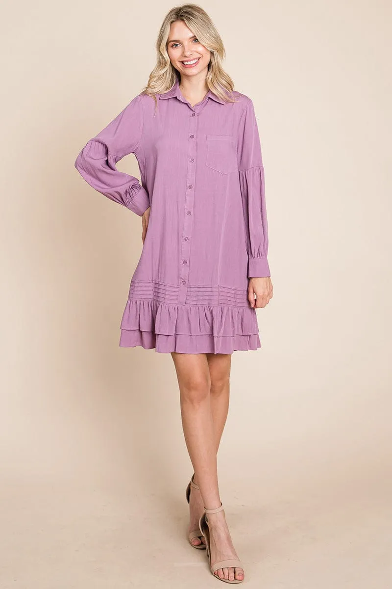 Collared Ruffled Hem Pintucked Shirt Dress