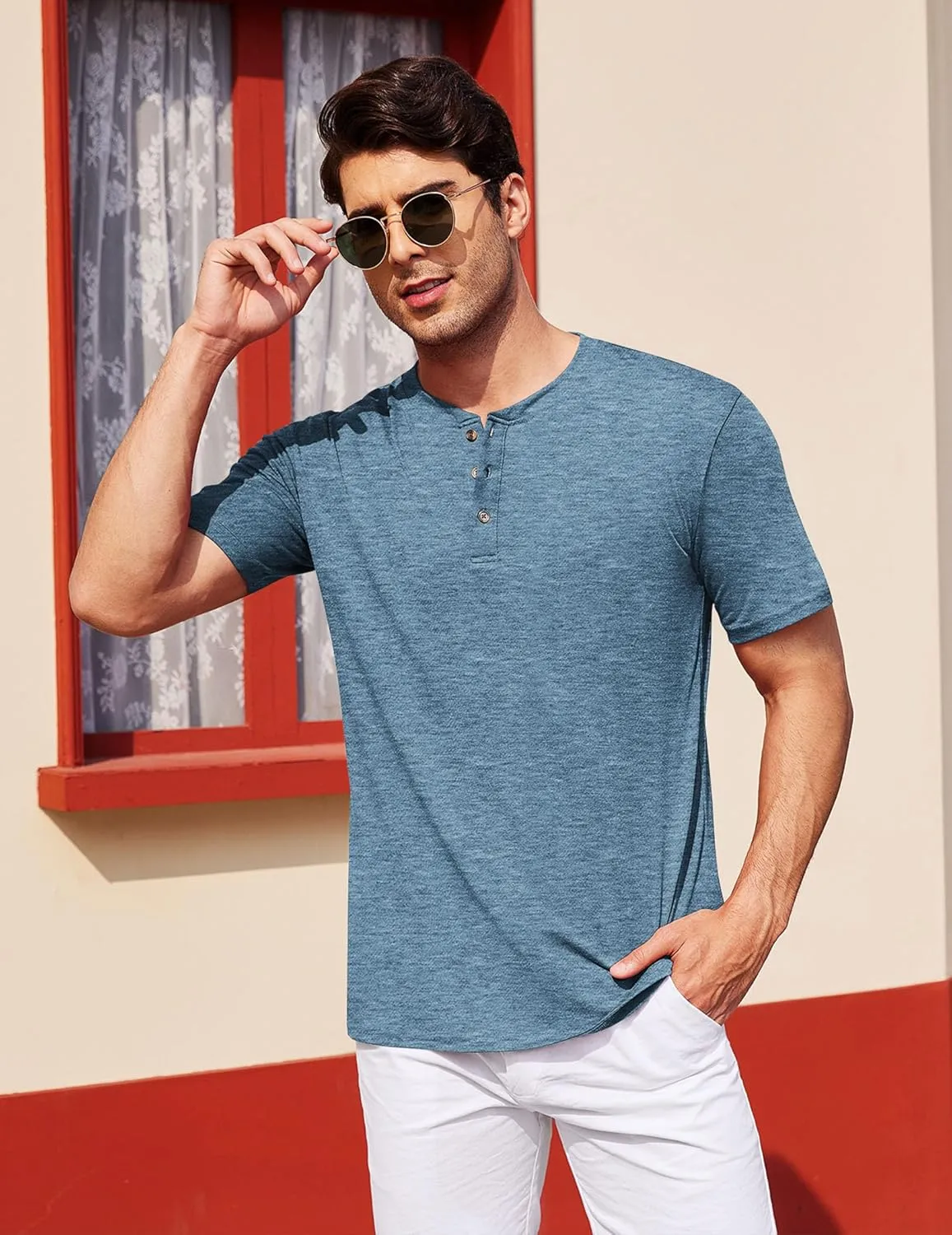 COOFANDY Men's Henley Shirts Short Sleeve Casual Basic Tee Summer Button Henley Soild T Shirts