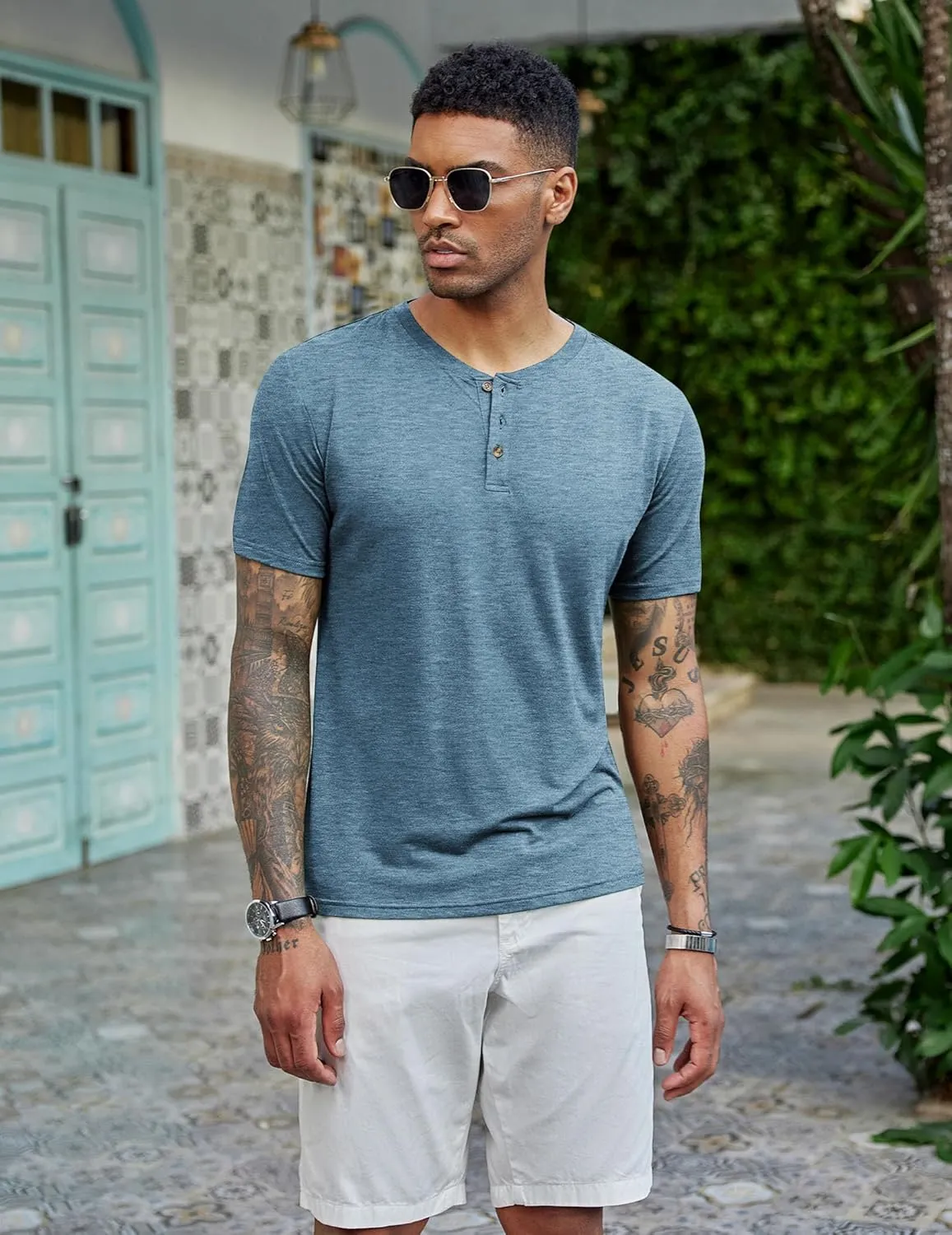 COOFANDY Men's Henley Shirts Short Sleeve Casual Basic Tee Summer Button Henley Soild T Shirts