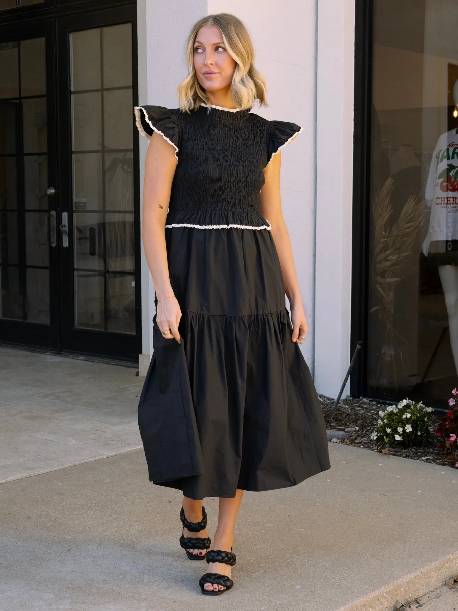 Crochet Trim Black Poplin Midi Dress