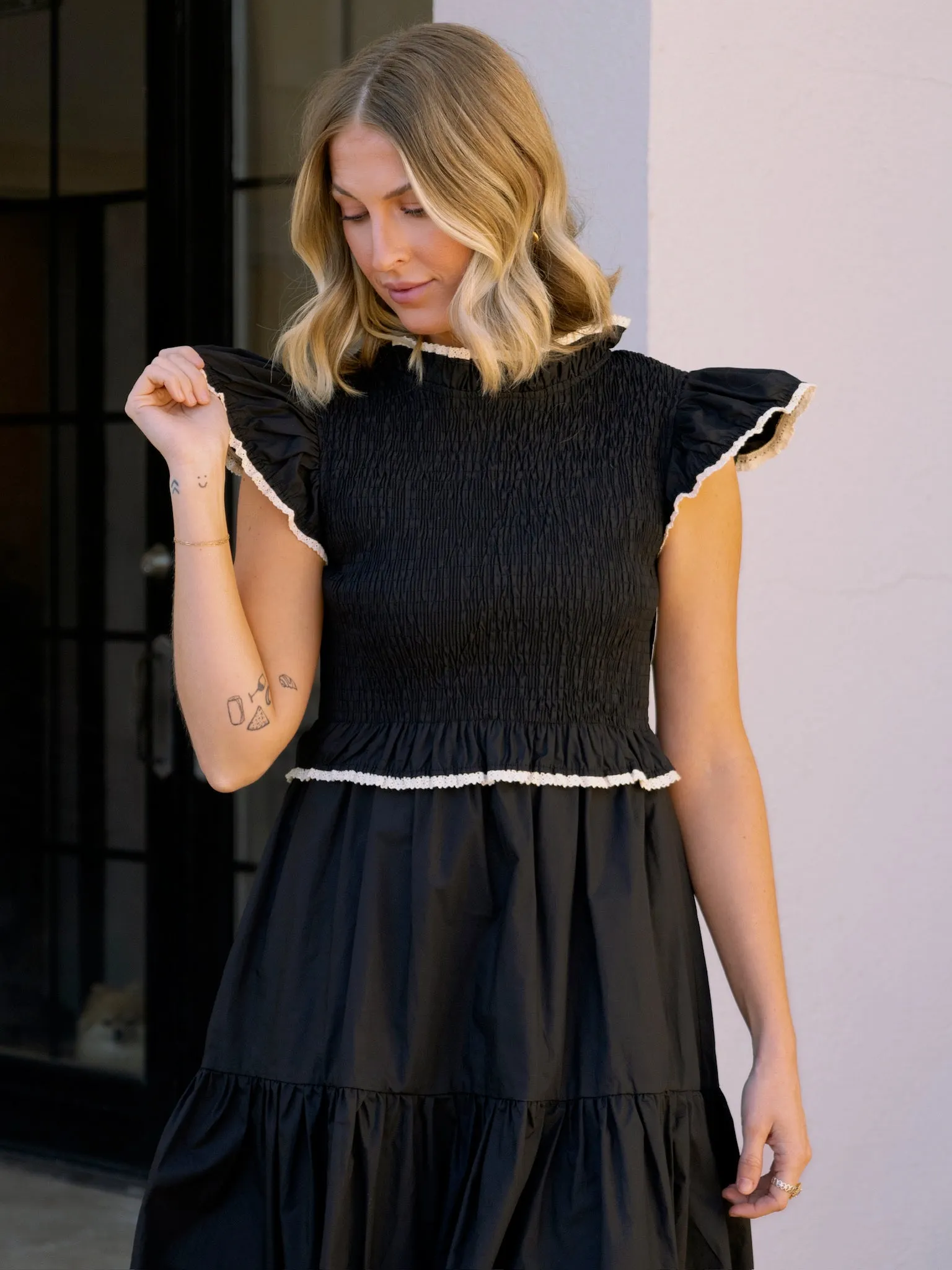 Crochet Trim Black Poplin Midi Dress
