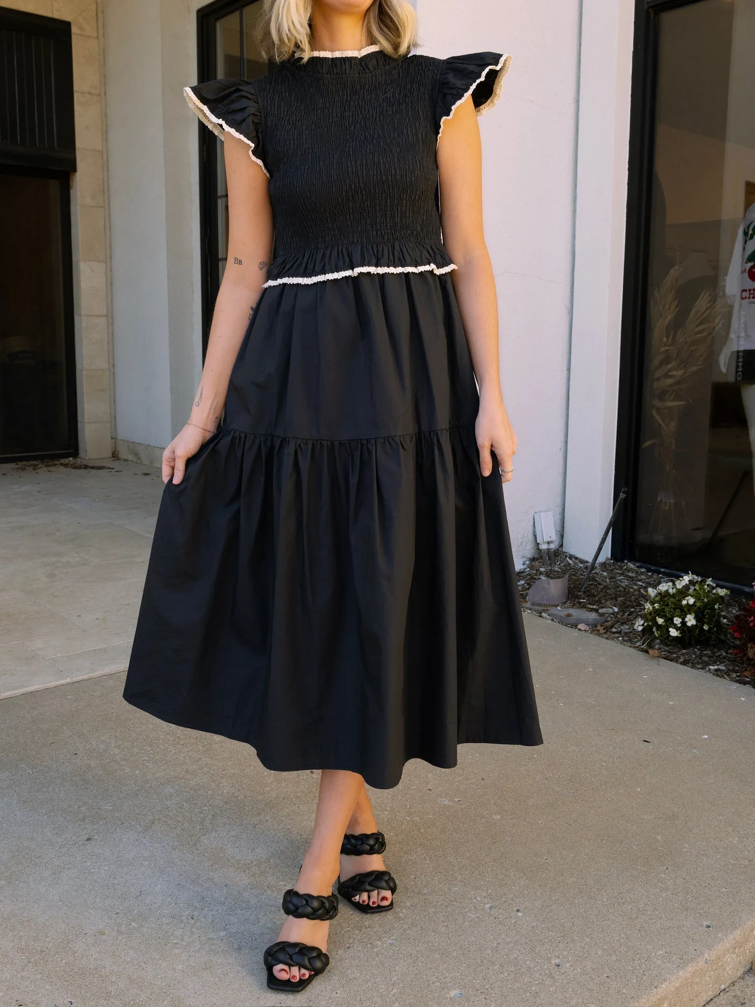 Crochet Trim Black Poplin Midi Dress