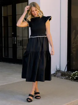 Crochet Trim Black Poplin Midi Dress