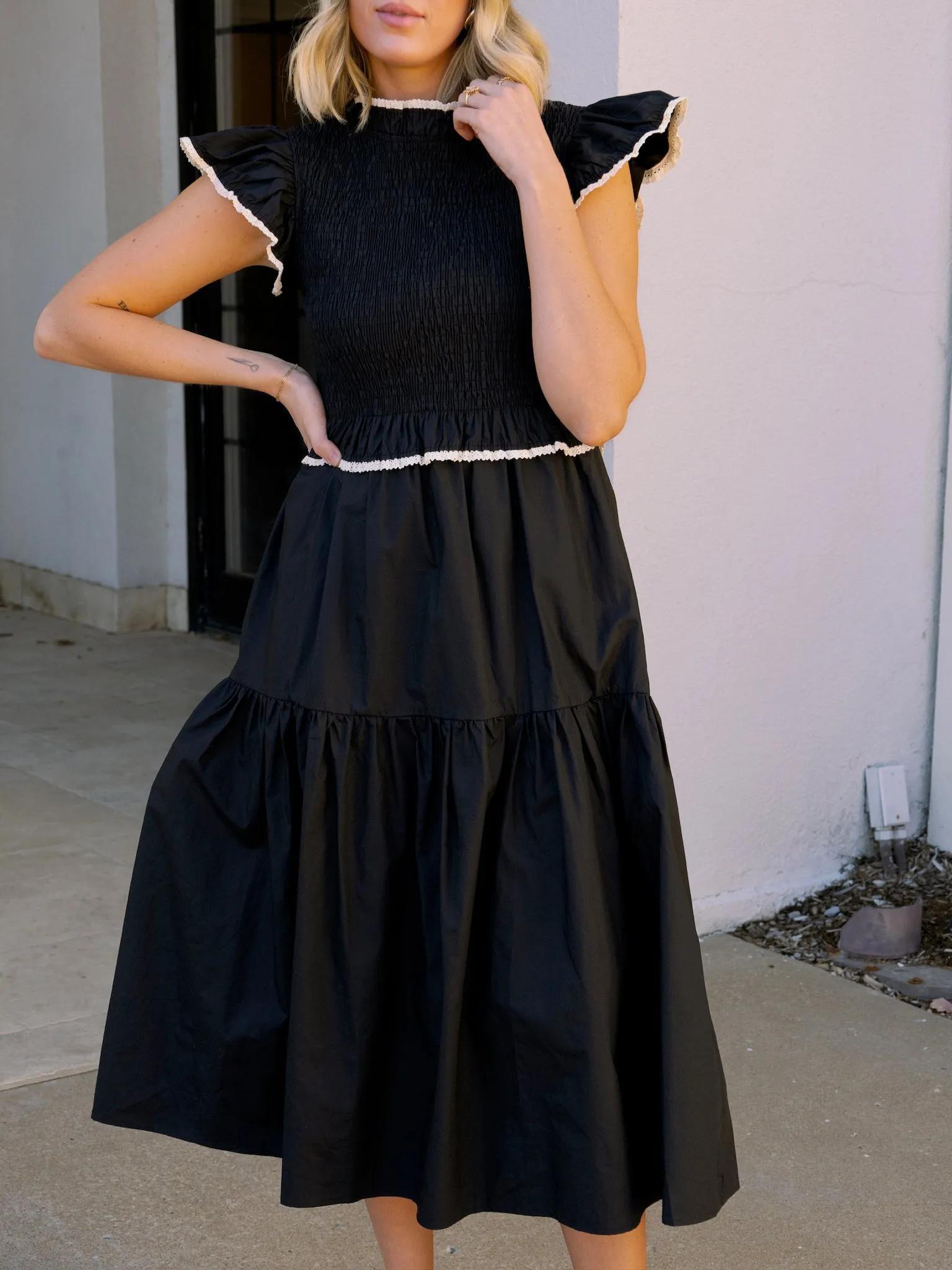 Crochet Trim Black Poplin Midi Dress