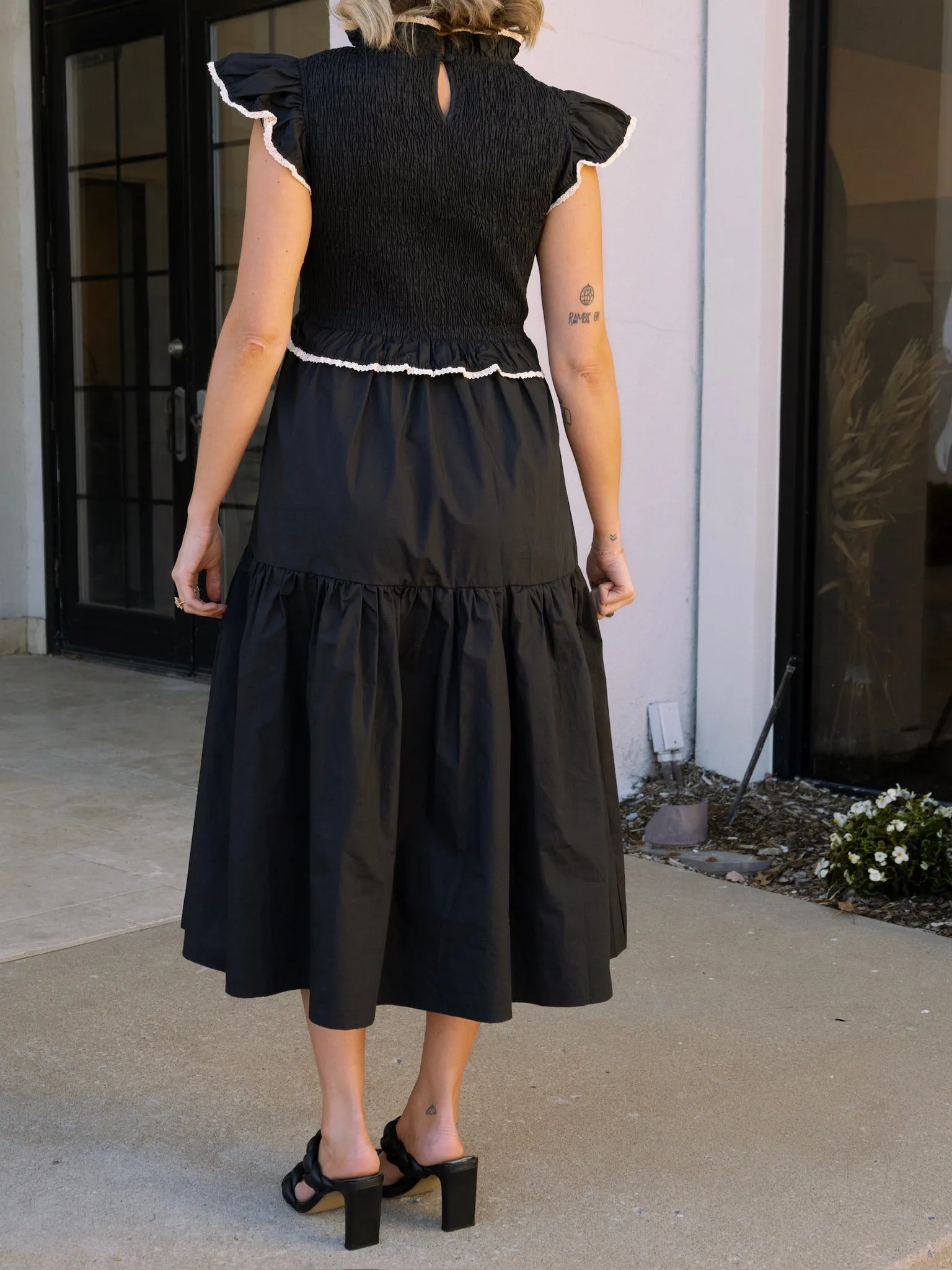 Crochet Trim Black Poplin Midi Dress