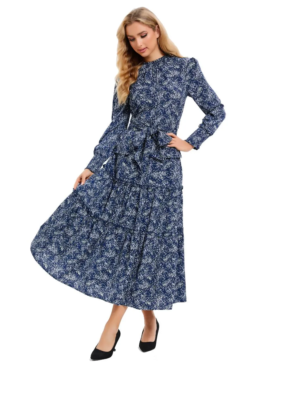 Detailed Ocean Blue Midi Two Piece Set