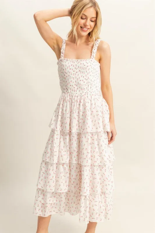 Ditsy Floral Print Smocked Tiered Dress
