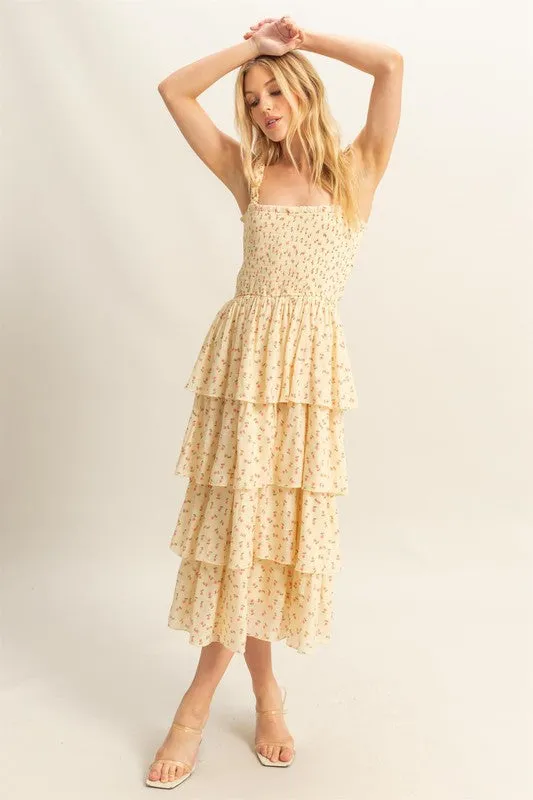 Ditsy Floral Print Smocked Tiered Dress