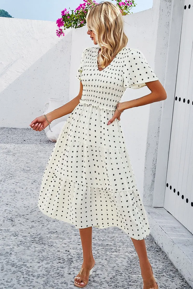Dotted Vneck Smocked Tiered Midi Dress