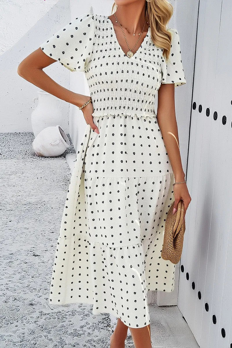Dotted Vneck Smocked Tiered Midi Dress