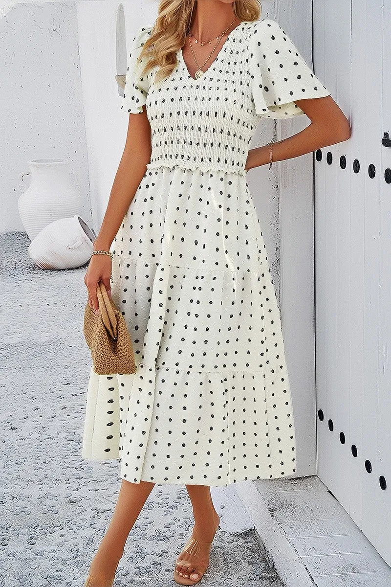 Dotted Vneck Smocked Tiered Midi Dress