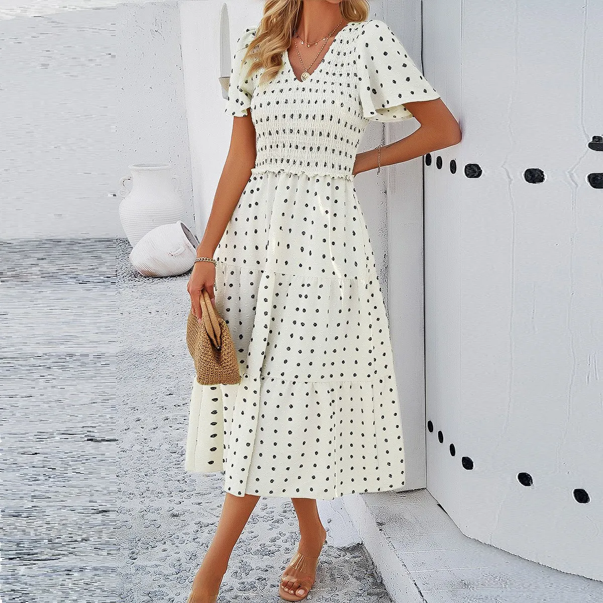 Dotted Vneck Smocked Tiered Midi Dress