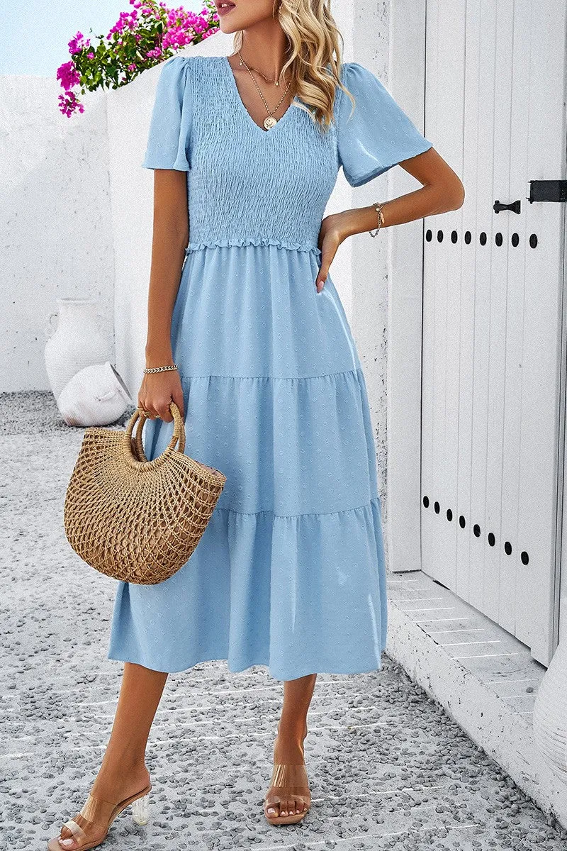 Dotted Vneck Smocked Tiered Midi Dress
