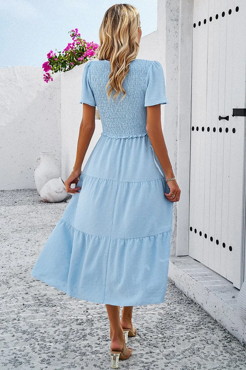Dotted Vneck Smocked Tiered Midi Dress