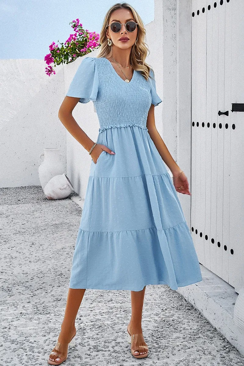 Dotted Vneck Smocked Tiered Midi Dress