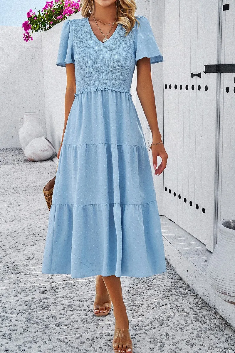Dotted Vneck Smocked Tiered Midi Dress