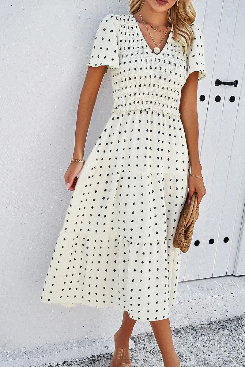 Dotted Vneck Smocked Tiered Midi Dress