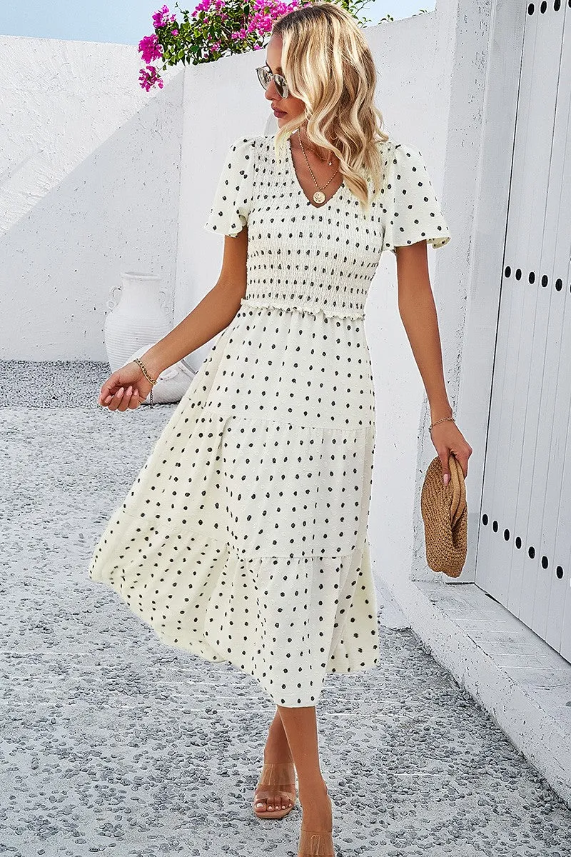 Dotted Vneck Smocked Tiered Midi Dress