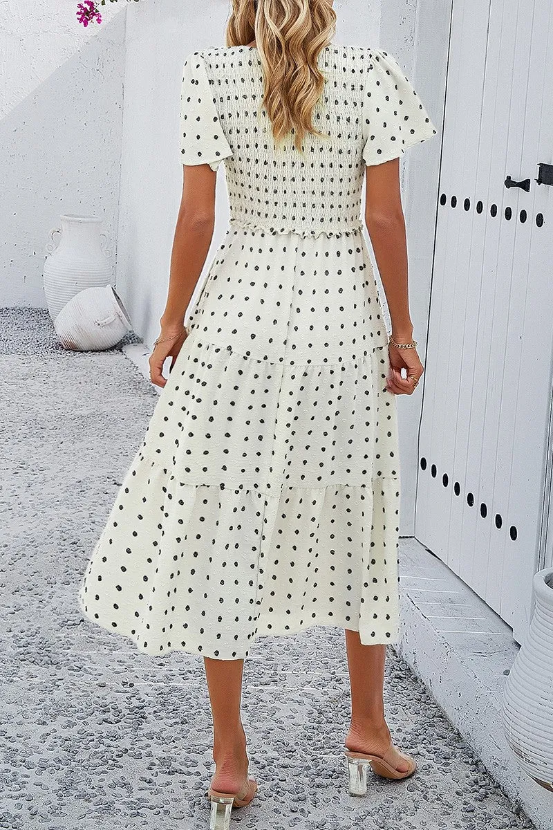 Dotted Vneck Smocked Tiered Midi Dress