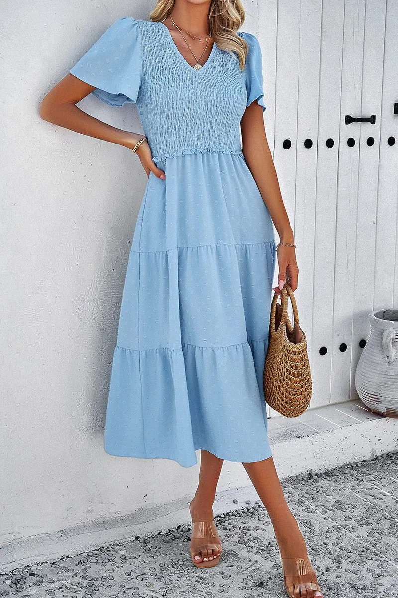 Dotted Vneck Smocked Tiered Midi Dress