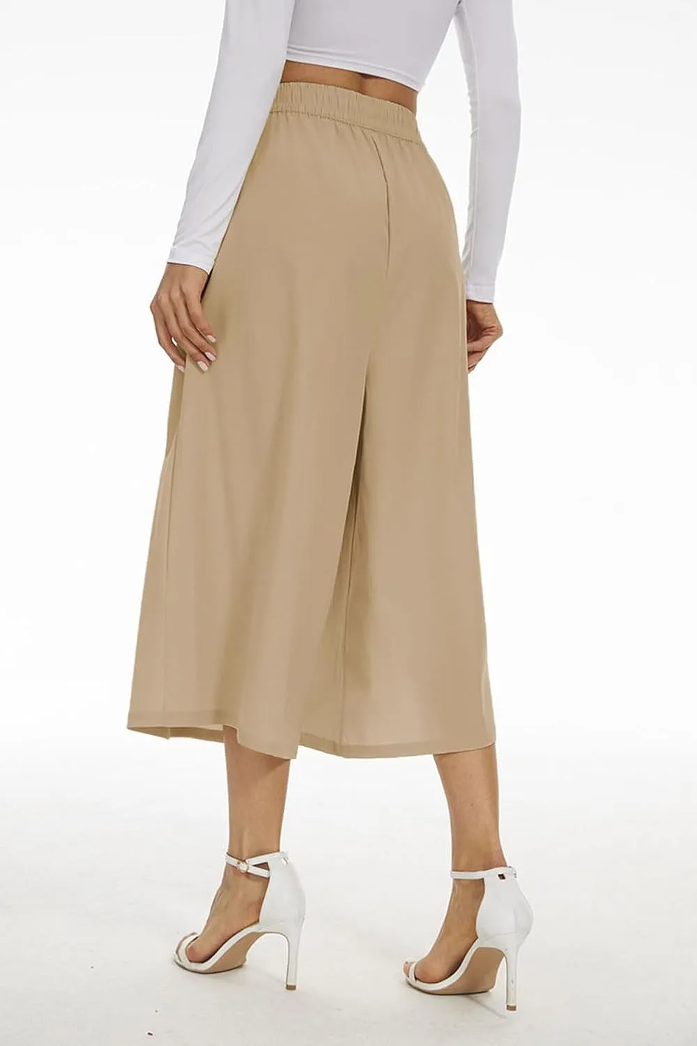 Double Plus Open Womens Casual Wide Leg Flowy Cropped Pants High Elastic Waist Drawstring Culottes with Pockets