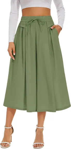 Double Plus Open Womens Casual Wide Leg Flowy Cropped Pants High Elastic Waist Drawstring Culottes with Pockets