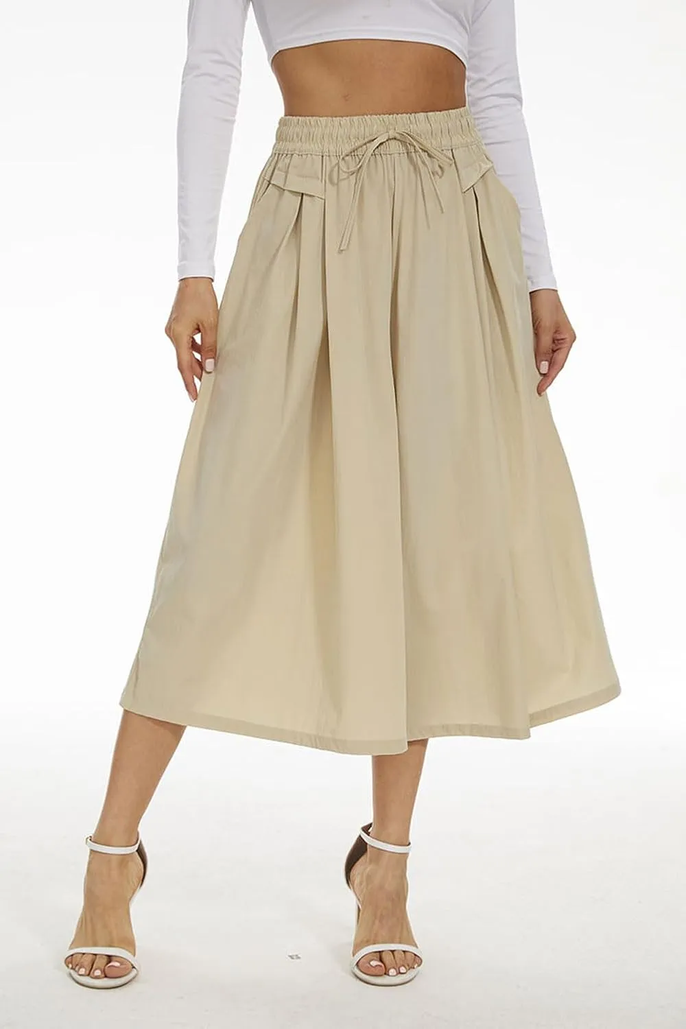 Double Plus Open Womens Casual Wide Leg Flowy Cropped Pants High Elastic Waist Drawstring Culottes with Pockets