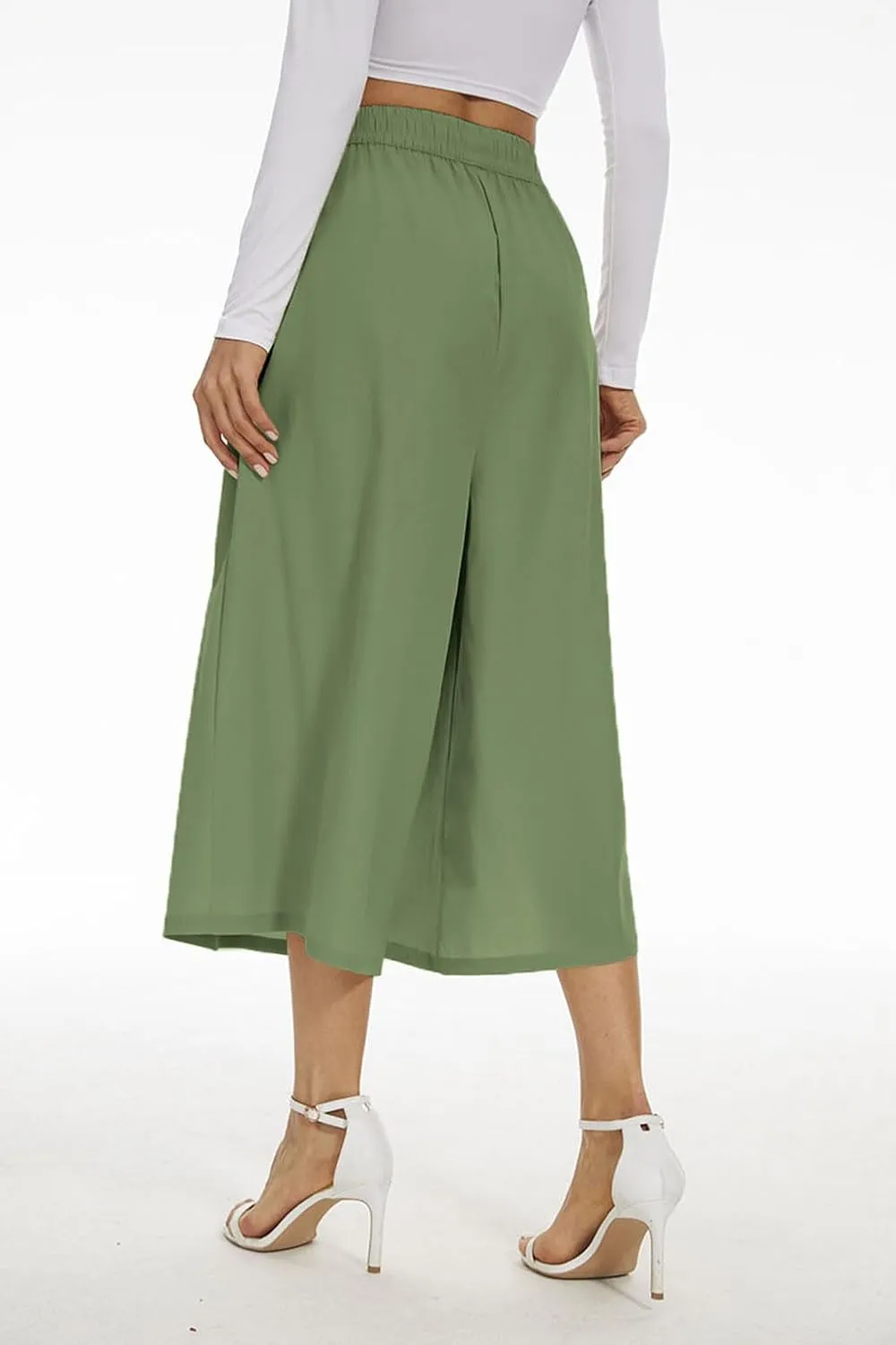 Double Plus Open Womens Casual Wide Leg Flowy Cropped Pants High Elastic Waist Drawstring Culottes with Pockets