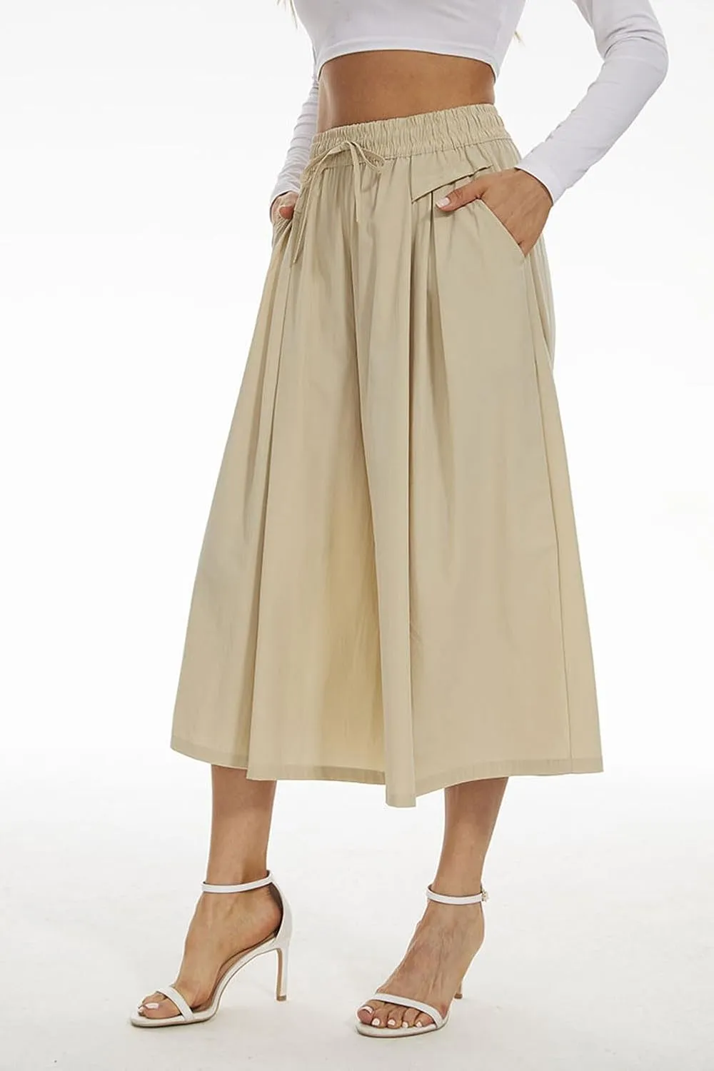 Double Plus Open Womens Casual Wide Leg Flowy Cropped Pants High Elastic Waist Drawstring Culottes with Pockets