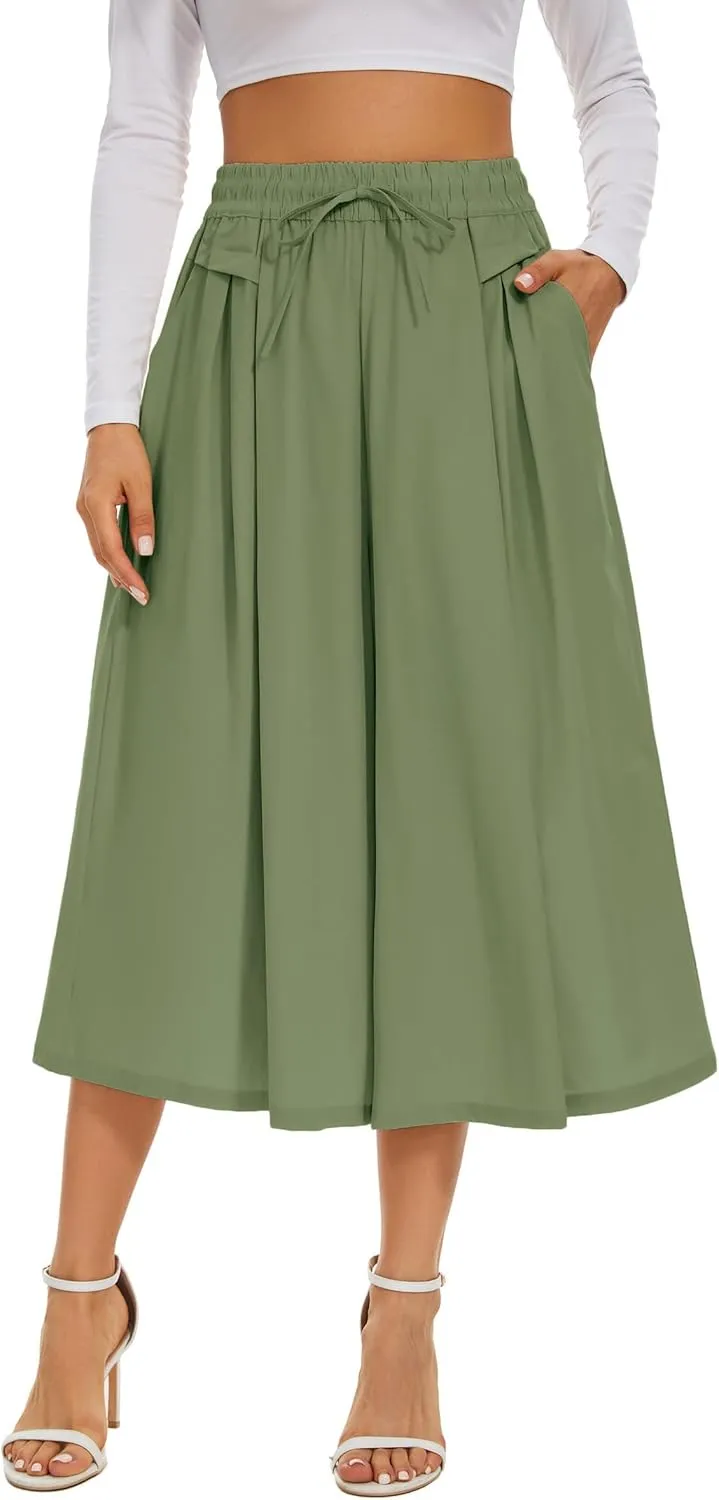 Double Plus Open Womens Casual Wide Leg Flowy Cropped Pants High Elastic Waist Drawstring Culottes with Pockets