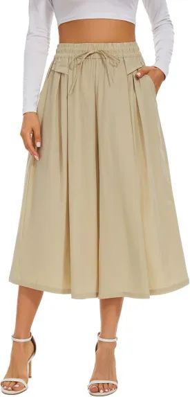 Double Plus Open Womens Casual Wide Leg Flowy Cropped Pants High Elastic Waist Drawstring Culottes with Pockets