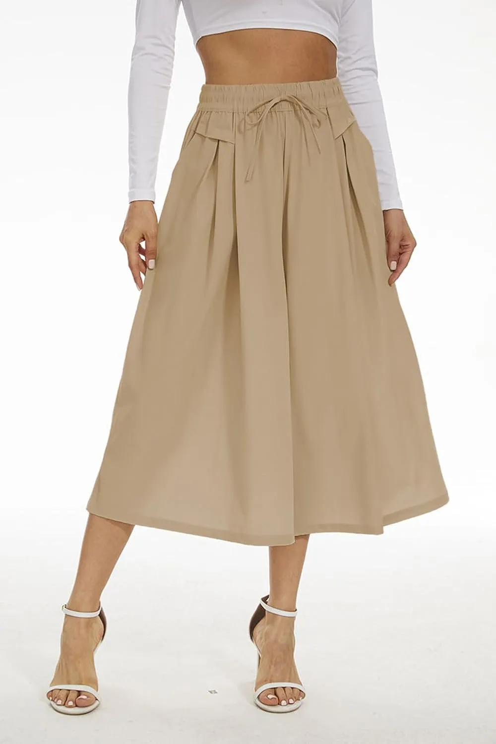 Double Plus Open Womens Casual Wide Leg Flowy Cropped Pants High Elastic Waist Drawstring Culottes with Pockets