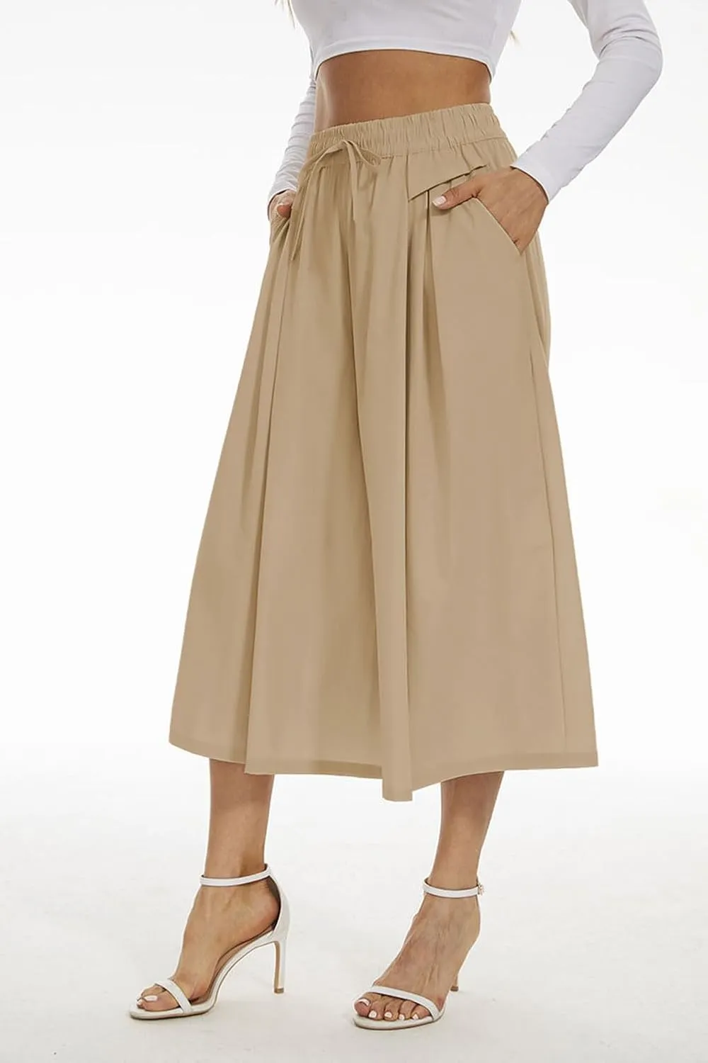 Double Plus Open Womens Casual Wide Leg Flowy Cropped Pants High Elastic Waist Drawstring Culottes with Pockets