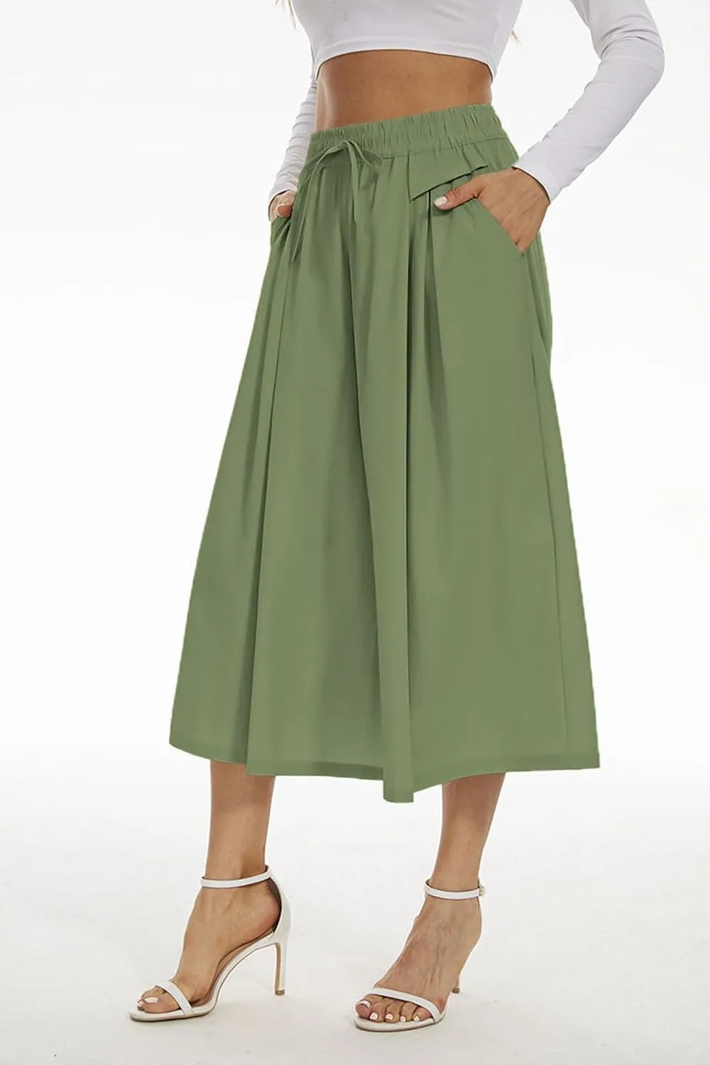Double Plus Open Womens Casual Wide Leg Flowy Cropped Pants High Elastic Waist Drawstring Culottes with Pockets